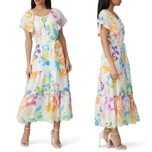 Tanya Taylor Ella Floral Rainbow Dress Silk Midi Flutter Sleeve Size 4 - Picture 1 of 9